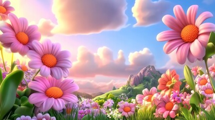 Enchanted Garden Scene Featuring Vibrant Purple Daisies Amid Lush Greenery in Natural Outdoor Setting