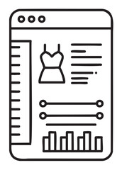 Black outline icon of a web interface featuring a clothing item, sliders, and a bar graph for fashion analytics.