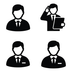 Four stylized business icons representing professional men in suits with different poses and gestures for corporate use silhouette