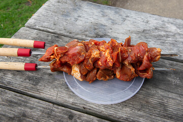 Raw marinated meat on skewer for barbecue