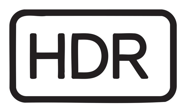 Black outline icon of the letters hdr inside a rounded rectangular box, representing high dynamic range technology.