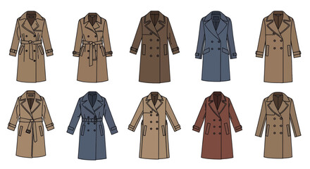 Vector set of classic womens trench coats in various colors.