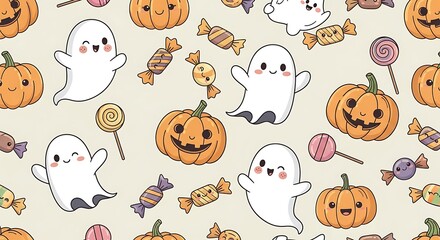 Adorable Halloween Pattern Featuring Cute Ghosts, Jack-o'-lanterns, and Candy