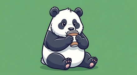 Cute Cartoon Panda Bear Sitting on Green Background Drinking From Cup