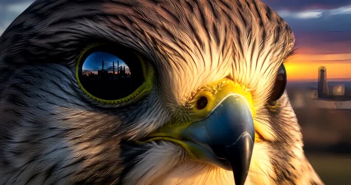 Close-up of a majestic hawk's face at sunset with urban skyline backdrop