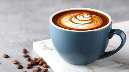 3d swirl pattern in coffee art creates beautiful design in blue cup on marble with coffee bean accent