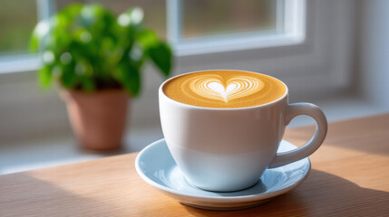 Fototapeta premium 3d swirl pattern in coffee art creates heart shape in creamy latte on wooden table by window