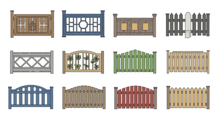 Set of various wooden and decorative fence designs.