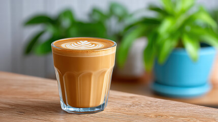 3d swirl pattern in coffee art creates beautiful design in glass cup on wooden table with plants