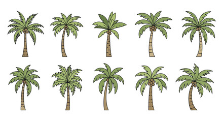 Collection of cartoon palm trees with coconuts isolated on white background.