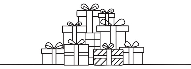 Obraz premium Black outline illustration of a pyramid of gift boxes with bows, neatly stacked and varying in size, set against a simple .