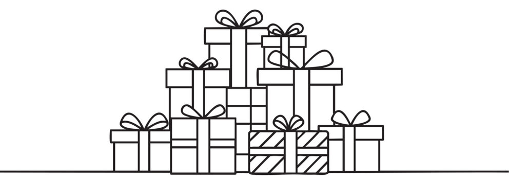 Black outline illustration of a pyramid of gift boxes with bows, neatly stacked and varying in size, set against a simple .