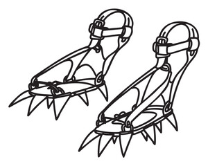Fototapeta premium Pair of black outline climbing crampons with adjustable straps and sharp spikes for ice climbing and mountaineering.