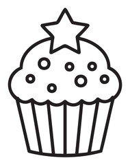 Black outline of a cupcake with circular decorations and a star on top, resembling a muffin with a simple design for culinary and celebration themes.