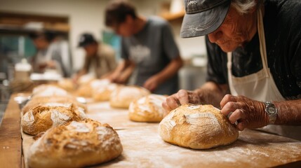 Senior baker kneading dough in a bakery with a group of bakers working in the background, artisanal bread preparation, focused craft process