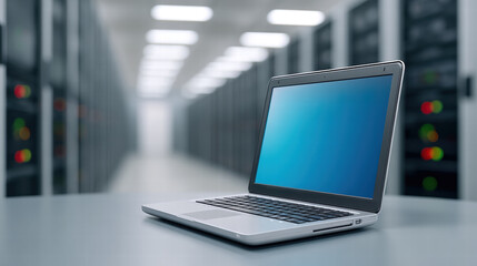 Ai integration in enterprise workflow coding shown by laptop in modern server room technology environment