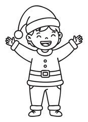 Black outline drawing of a young boy wearing a festive christmas elf outfit with a hat, arms joyfully raised.