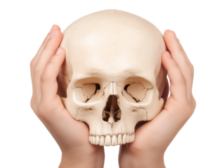Human skull delicately cradled between two hands on transparent background