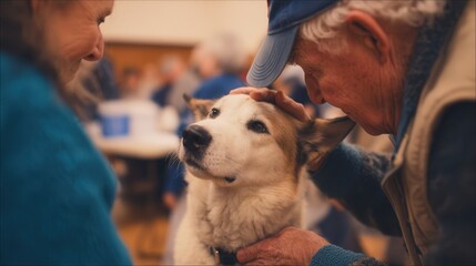 Elderly man and woman petting a friendly dog at social gathering, warm indoor environment, caring interaction, elderly companionship, community event