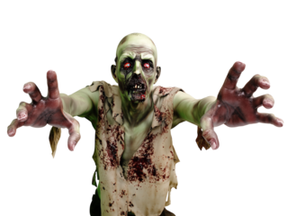 3D rendering of a zombie with pale decaying skin, red eyes, and claw-like hands on transparent background
