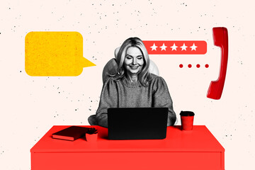 Template collage design sketch of feedback goal increase client satisfaction rating aged woman work laptop customer service landline phone