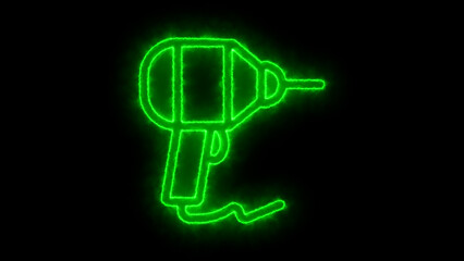 neon green electric drill icon glowing with energy, isolated on black background, professional tool for construction and DIY projects