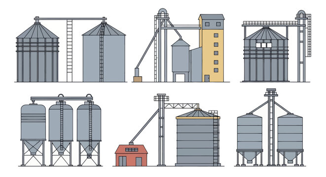 Set of various grain elevator and silo illustrations.