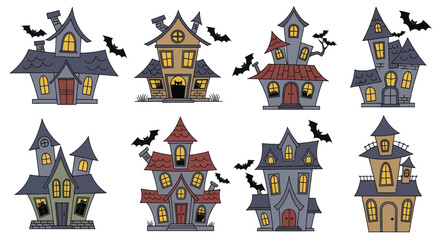 Naklejka premium Collection of cartoon haunted houses for Halloween.