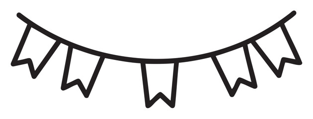 Black outline icon of a curved string of triangular hanging flags, representing a simple and minimalistic design for decoration and celebration themes.