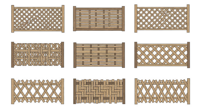 Set of various wooden fence designs isolated on white background.