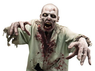 Male zombie with pale decayed skin and bloodstains on a transparent background