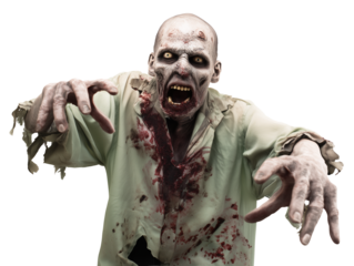 Male zombie with pale decayed skin and bloodstains on a transparent background