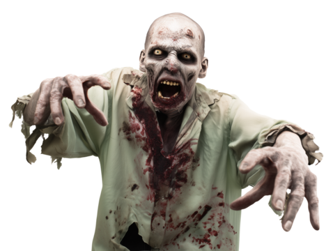 Male zombie with pale decayed skin and bloodstains on a transparent background