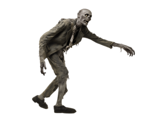 Zombie figure with decayed skin and tattered clothing in a dynamic pose on transparent background