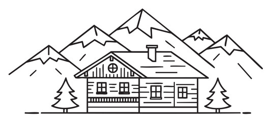 Black outline illustration of a log cabin with a chimney and two windows, situated amidst pine trees and mountain peaks in the .