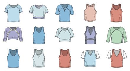 Set of womens sportswear tops technical fashion flat sketches.