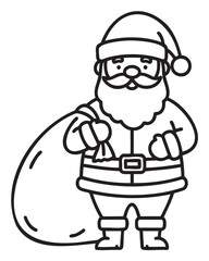 Obraz premium Black outline drawing of santa claus with a sack, wearing a hat and suit, featuring a beard and mustache.