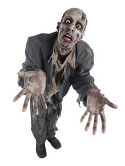 Portrait of a male zombie with pale decayed skin and dark suit on transparent background