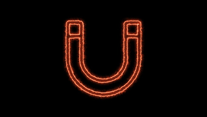 glowing neon horseshoe magnet symbol with fiery energy effect isolated on black background for science and technology concepts