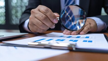 Business professional analyzing financial data with magnifying glass.