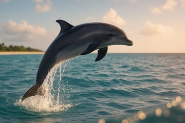 Fototapeta premium Dolphin leaping over ocean waves tropical beach nature scene sunny day close-up view marine life exploration