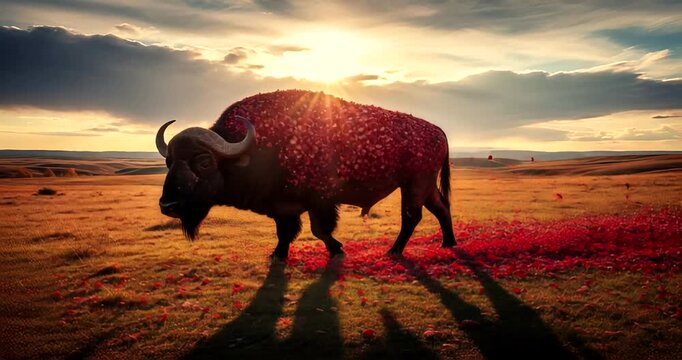 Majestic bison surrounded by petals at sunset in a serene landscape