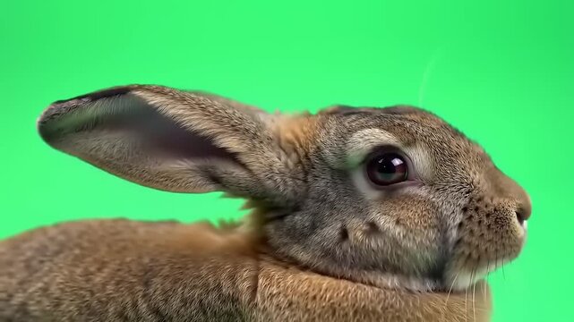 Rabbit Portrait with Green Background Close-Up of a Brown Bunny's Profile