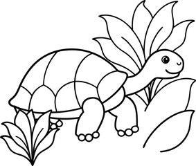 tortoise crawling through jungle plants coloring vector illustration on transparent background