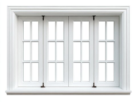 Elegant white double window with multiple panes and decorative molding