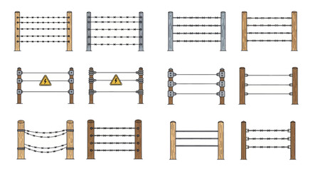 Collection of cartoon barbed wire and electric fences Set of various fence illustrations with wooden and metal posts isolated on a white background.
