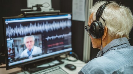 Elderly man with gray hair wearing headphones using computer with medical scan on screen in a clinical setting