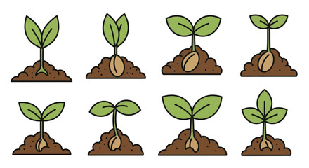 Plant growth stages icon set from seed to sprout.
