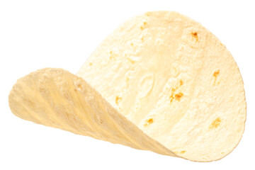 Fresh wheat tortilla isolated on white background. Traditional Mexican flatbread used for tacos, burritos, quesadillas, wraps, or fast food recipes.