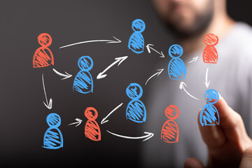 Abstract visualization of interconnected human icons forming a digital network, representing social...